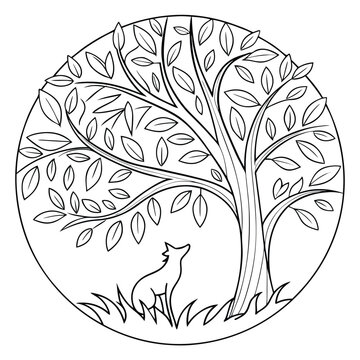 recommend clip art: Fox Under Tree Coloring Page: Detailed Line Art Illustration of Wildlife in Nature, Printable Mandala Style Animal Design for Relaxation
