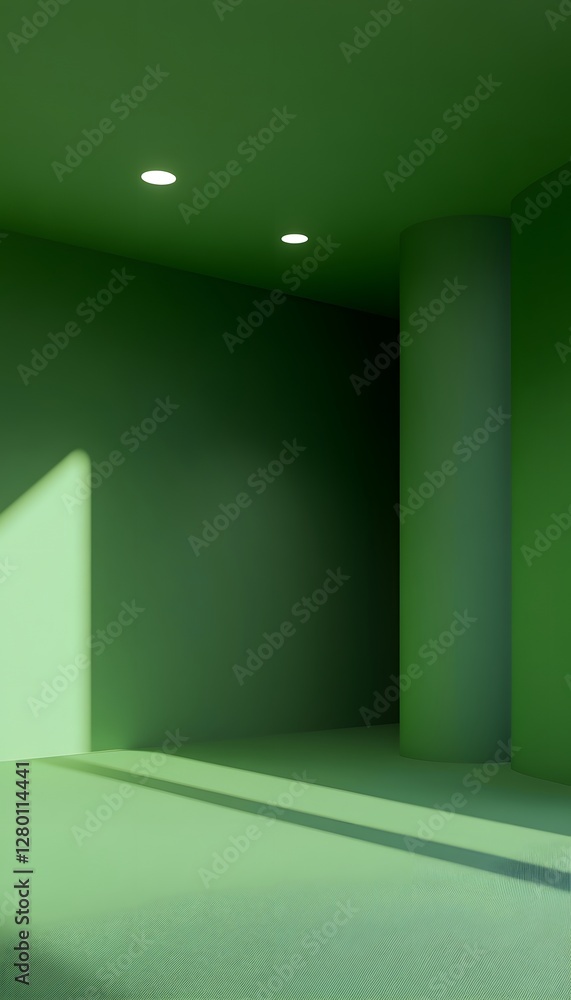 Poster this is a green room with simple lighting and minimal design