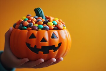 Halloween pumpkin, trick or treat with sweet candy
