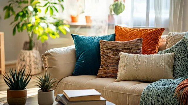 A cozy apartment featuring a trendy sofa, stylish throw pillows, and a small coffee table with decorative books.