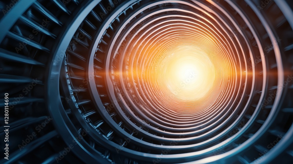 Poster a mesmerizing view of a circular turbine structure with a bright light at the center, suggesting ene
