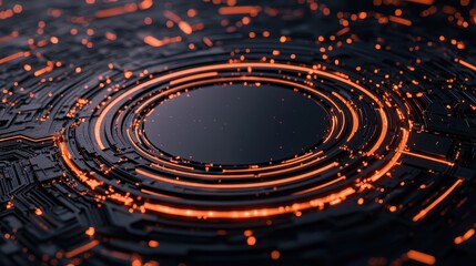Obraz premium A circular, glowing pattern with orange accents on a dark background, reminiscent of a futuristic technology or circuit design.