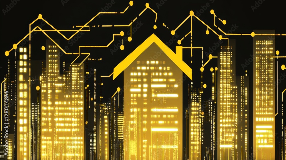 Poster smart home network connection with city skyline future residential technology glowing buildings and 