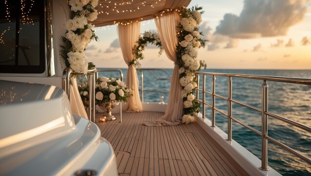 Beautiful wedding setup on a boat at sunset with floral decorations and serene ocean views - Powered by Adobe