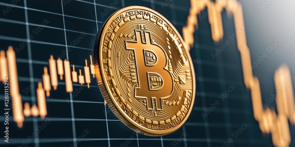 Aufkleber a close-up of a bitcoin on a digital chart, symbolizing cryptocurrency and market trends.