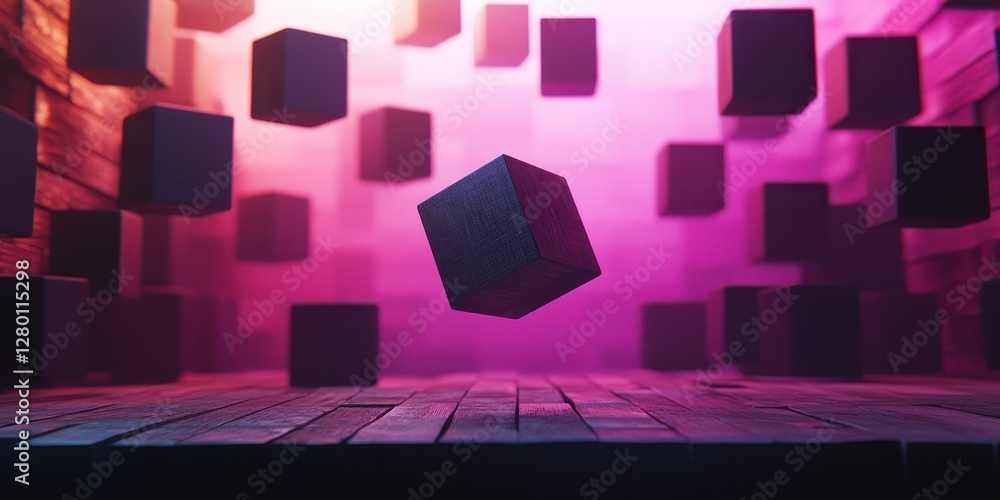 Poster A futuristic scene featuring floating cubes amidst a vibrant purple and pink backdrop, creating a surreal visual effect.
