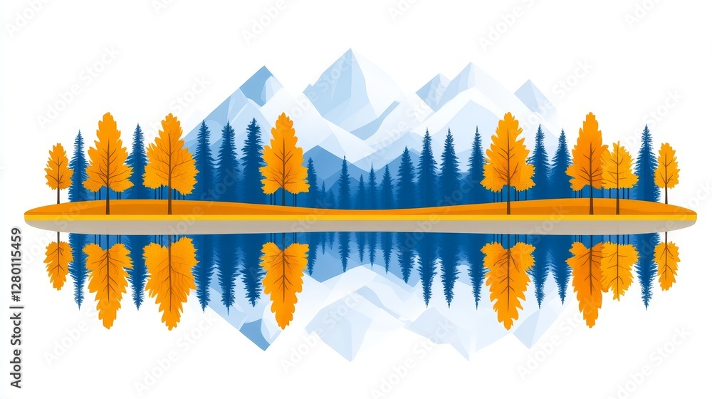 Poster calm lake vector illustration with reflection of mountains and trees in a minimalist design style pe