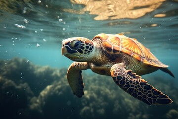 Fototapeta premium Sea turtle swimming underwater in clear ocean with coral reef scenery