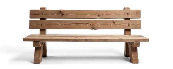 Rustic empty wooden bench, weathered, white backdrop, furniture, clean