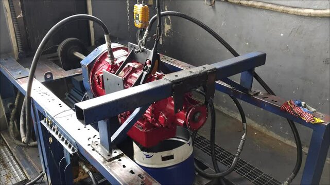 Allison Transmission HT 750 and CLT 750 series Dyno Test in a Professional Automotive Workshop or Test bench at Balikpapan. Red color