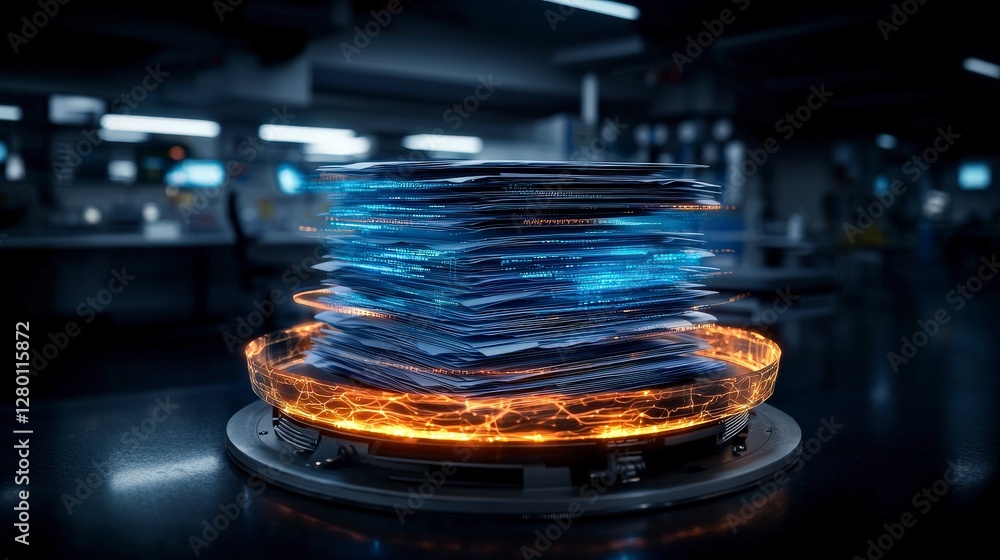 Poster innovative medical technology holographic shield encasing stacked data files in laboratory environme