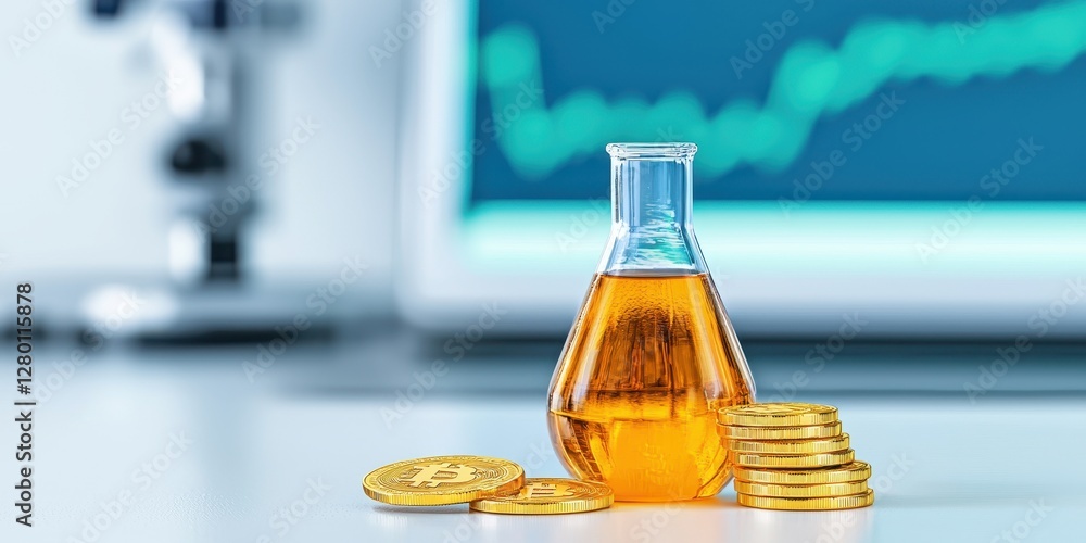 Poster The image features a laboratory flask containing a liquid, with stacked gold coins in front and a blurred financial graph in the background.