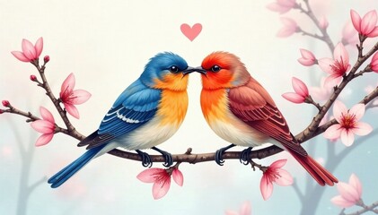 Two watercolor lovebirds tenderly kissing on a blossoming branch Perfect for Valentine's Day cards , celebration, pair
