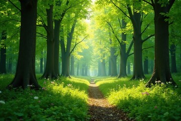 Obraz premium Sun-dappled spring forest, vibrant green canopy, silent, environment