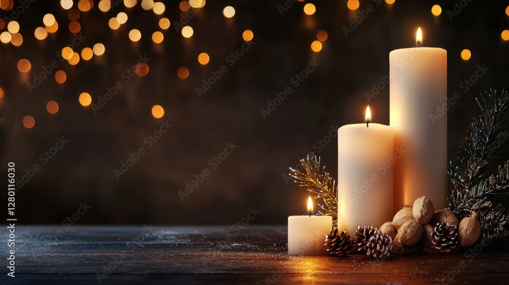 Poster elegant display of three cream candles surrounded by pine cones and nuts on a rustic wooden table wi