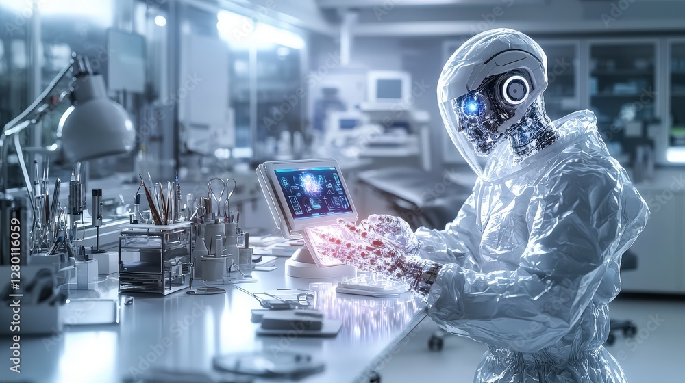 Poster Robotic assistant engaging with holographic interface in a modern lab environment futuristic tech concept