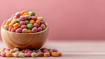 Colorful dog treats in wooden bowl, pink background, pet food
