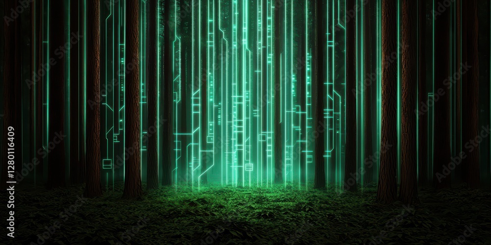 Poster A digital forest scene with glowing green patterns resembling circuitry, creating a blend of nature and technology.