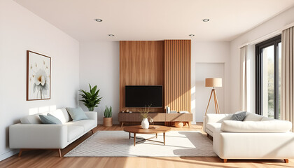 Fototapeta premium Sunlit Scandinavian Apartment: Japandi Style with Plaster and Wood Accents