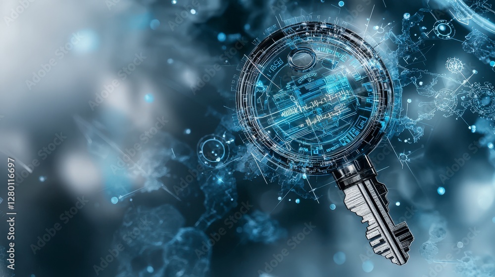 Poster Secure holographic key unlocking advanced technology access in futuristic environment