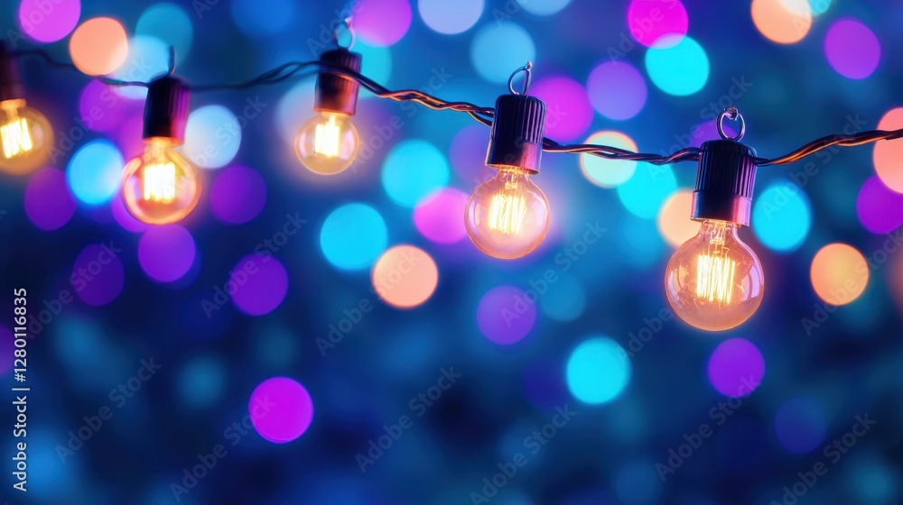 Poster colorful string lights glowing in a vibrant background with bokeh effect ideal for celebrations, par