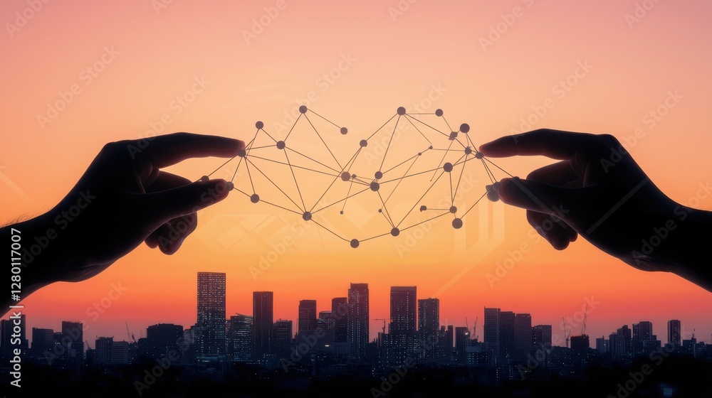 Poster Two hands create a heart shape with interconnecting lines against a sunset skyline, symbolizing connection and technology in urban life.
