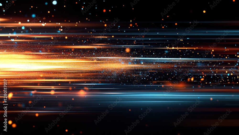 Poster abstract motion blur design with vibrant colors and glowing particles on a dark background for creat