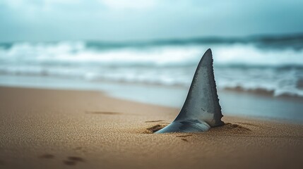 A distinct shark fin is visible on the beach, partially submerged in sand as waves roll by