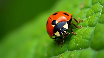 Fototapeta premium Close-Up of a Ladybug Crawling on a Green Leaf