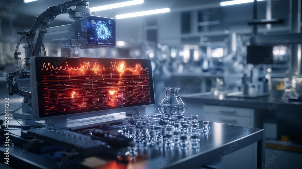 Poster Advanced ai-driven holographic system analyzing organic data in high-tech lab environment