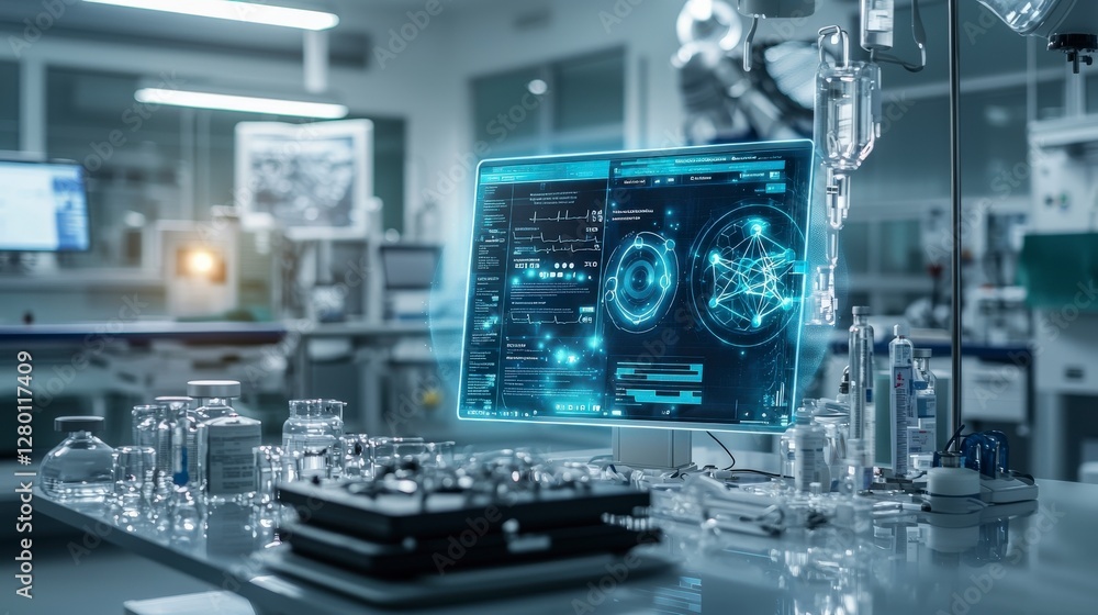Poster high-tech medical labs advanced holographic dashboards for innovative data management solutions