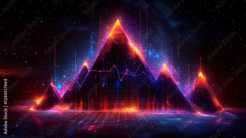 Poster cosmic pyramids with digital light flares in abstract space for futuristic background with glowing p