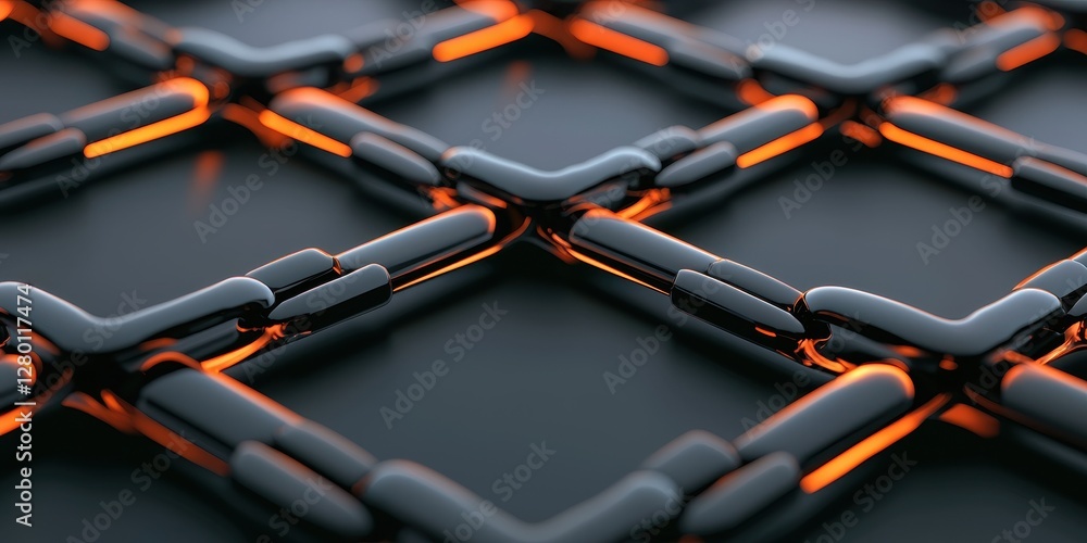 Poster A close-up view of a metallic lattice structure with glowing orange highlights against a dark background, emphasizing texture and depth.
