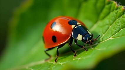Close-Up of a Ladybug Crawling on a Green Leaf