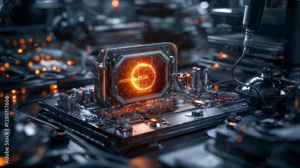 Poster Cyber lock mechanism glowing holographically on circuit board in high-tech environment futuristic concept art