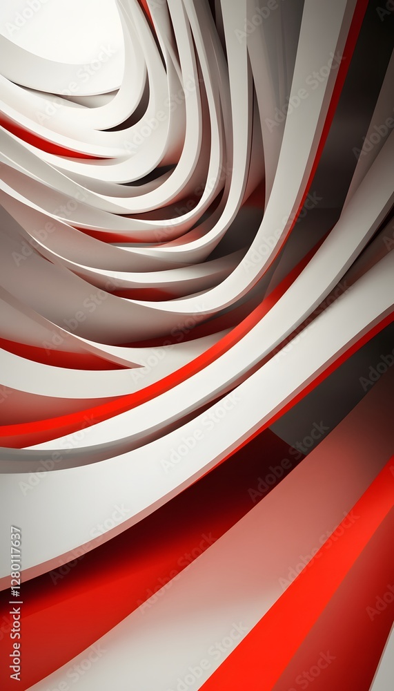 Poster abstract rendering of red and white architectural ribbon shapes