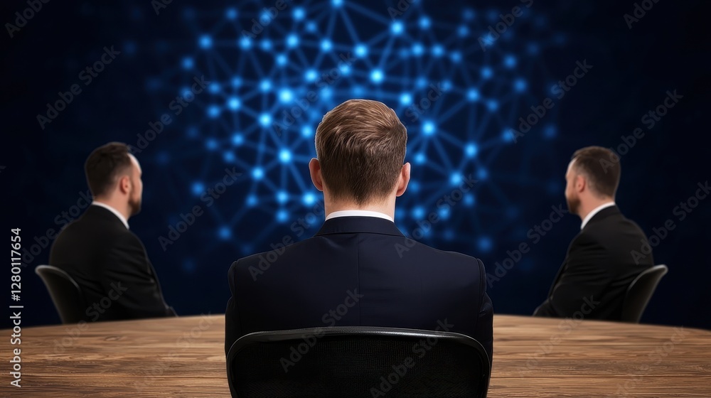 Poster Three business professionals seated at a round table, facing a digital network representation, emphasizing collaboration and technology.