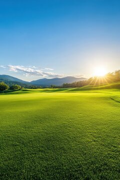 Serene Sunset Golf Course Landscape: Picturesque Green Fairway Under a Vibrant Sky
