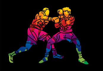 Graffiti Two Boxers are Fighting  Boxing Sport Kickboxing Action Muay Thai Cartoon Graphic Vector