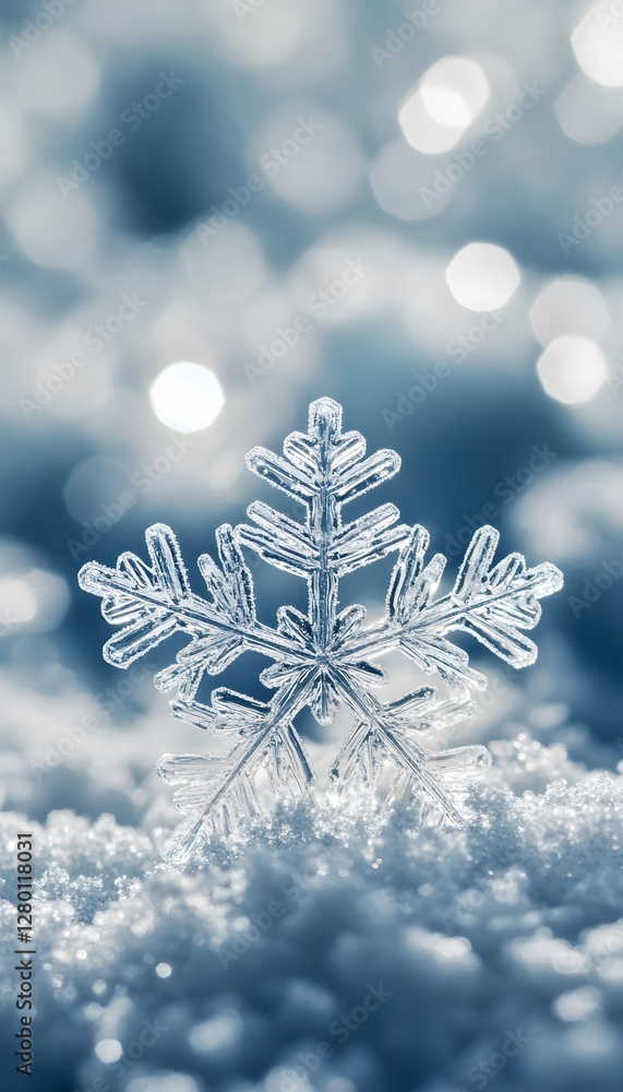 Poster a close up view of a delicate snowflake on snow