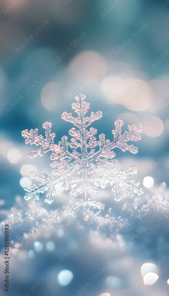 Poster a beautiful closeup view of a delicate snowflake resting in snow