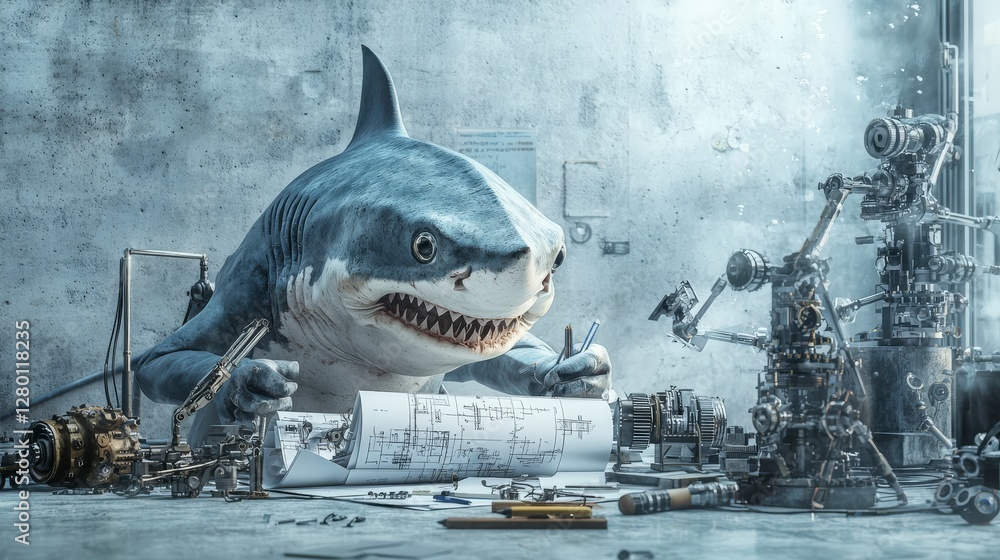 Poster Innovative shark inventor designs underwater technology in a lab setting mechanical environment creative viewpoint