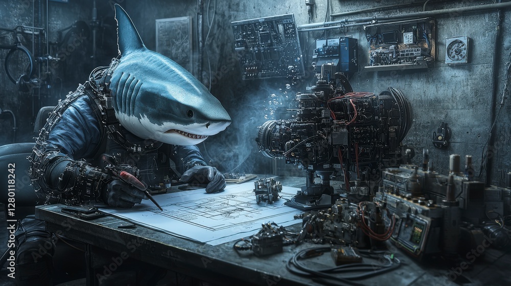 Poster inventive shark engineer creates unique underwater gadgets in ocean lab with innovative designs and 