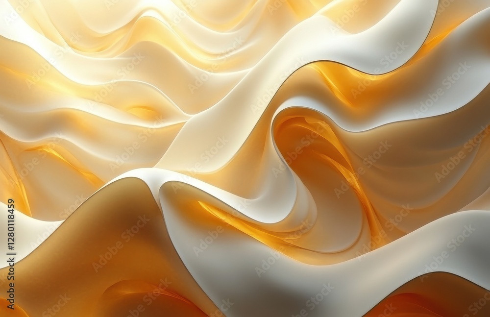 Poster abstract waves of soft white and warm golden tones flowing together in a dreamy composition for arti
