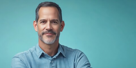 Confident Middle-Aged Man Smiling Against a Soft Blue Background