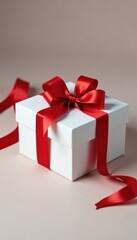 Obraz premium Pure white gift box with a classic red satin bow , celebration, minimal, packaging
