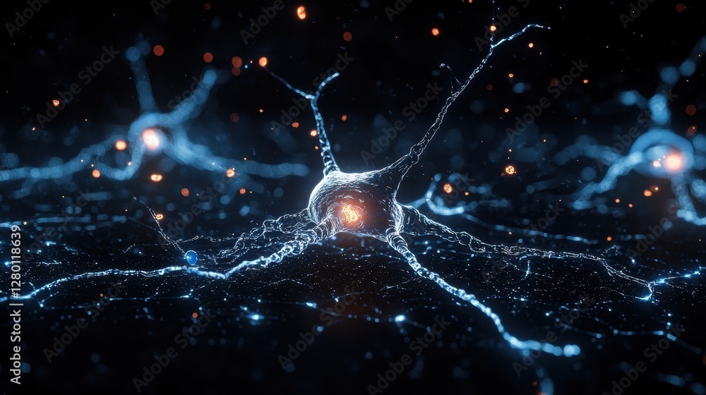 Poster intricate visualization of neurons connecting with light trails in a dark digital environment repres