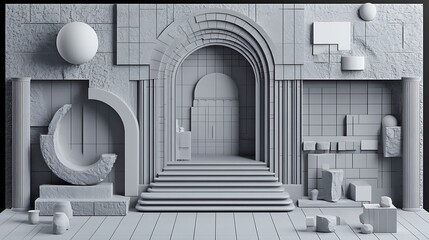 Monochromatic 3D Render: Geometric Architectural Scene with Abstract Sculptures AI Generated