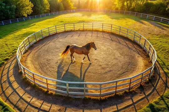 Aerial View of Horse in Circular Round Pen, Equestrian Training Facility, Horseback Riding