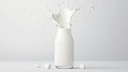 Fresh milk in a glass bottle with a splash against a minimalist background, showcasing purity and freshness in a modern aesthetic setting